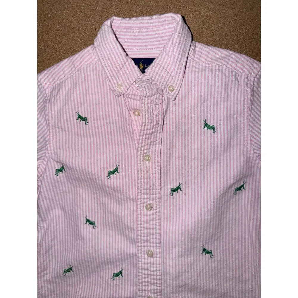 Ralph Lauren pink stripe button front long sleeve shirt embroider grasshoppers